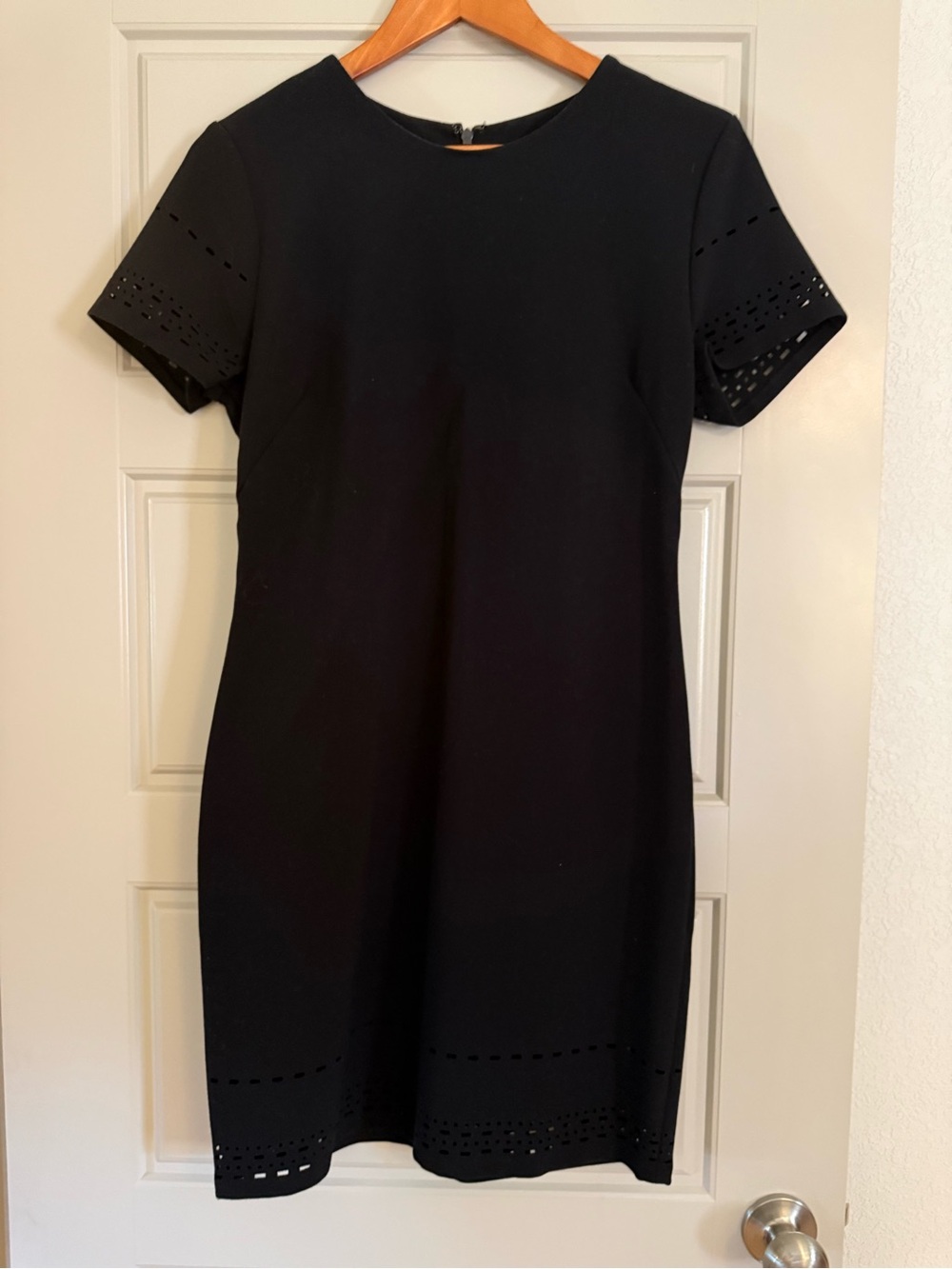 Banana Republic Black Short-Sleeve Sheath Dress with Laser-Cut Detail